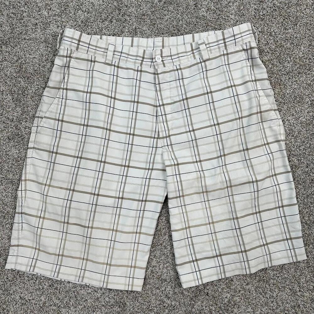 Nike Golf Mens 34 Shorts White‎ Brown Plaid Casual Stretch Flat Front 11" Inseam
